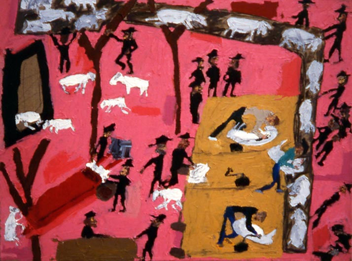 Shearing Sheep at the Hutterites (1989 27x36 oil on linen) painting by Jerry Iverson