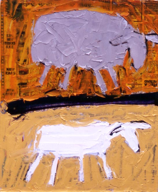 Sheep: sheared unsheared (1994 14x17 oil on paper on board) painting by Jerry Iverson