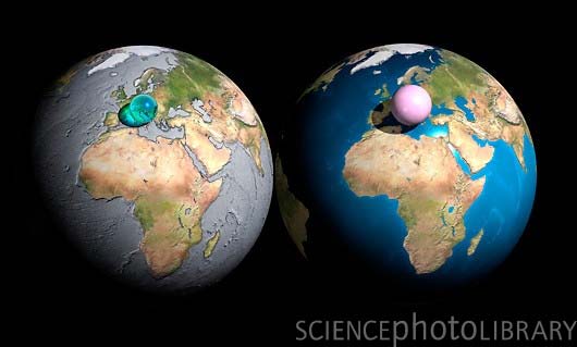 Global water and air volume: Earth with spheres represeting the amount of 