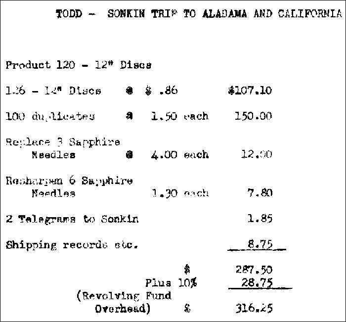 Todd/Sonkin list of recording expenses