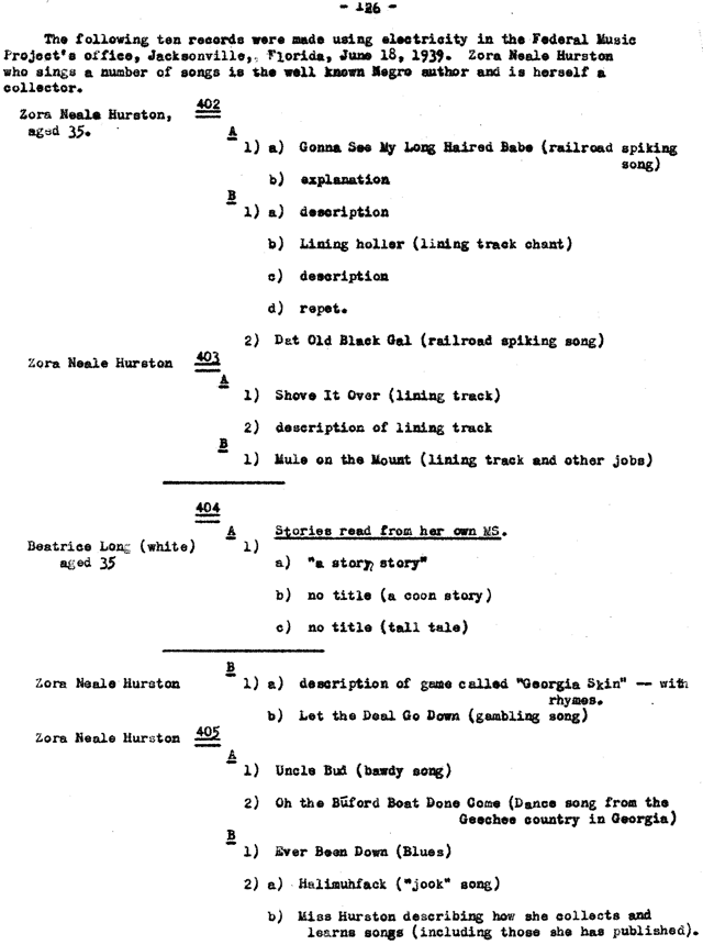 Page from recording check list, Southern Recording Expedition 1939