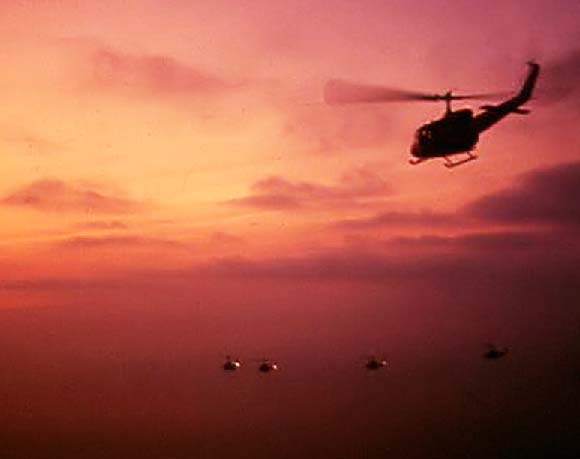 UH1 helicopters at sunrise in Vietnam, photo by Lowell Eneix, 121st Assault 