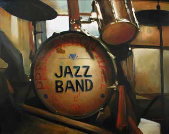 painting of a drumset on stage with Preservation Hall Jazz Band written on Bass drum