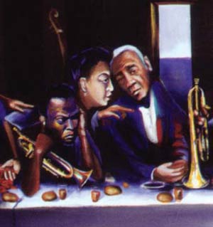 painting of jazz musicians at Last Supper-type dinner table