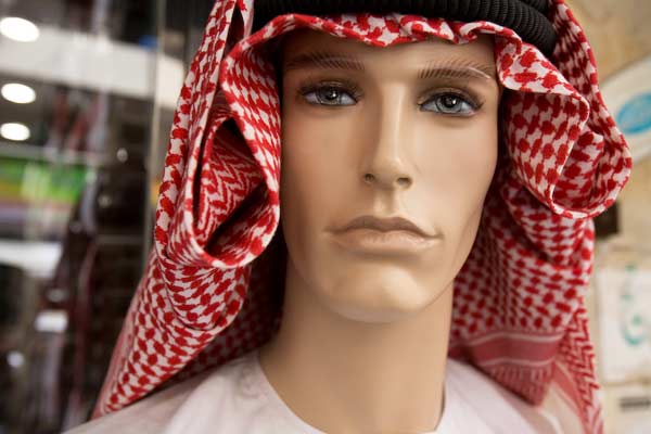 Keffiyeh (men's head wear), on mannikin, for sale in Dubai