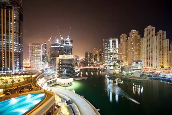 View from hotel at night, the lights and buildings of Dubai Marina Area