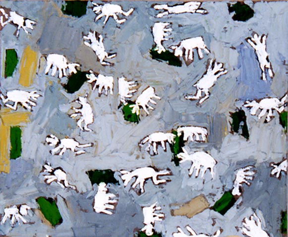 Feeding Sheep (1993 15x18 oil on linen on board) painting by Jerry Iverson