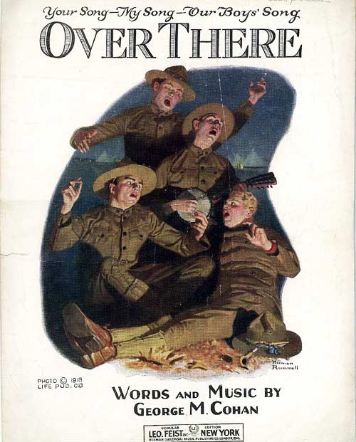 Cover of sheet music with painting of soldiers singing