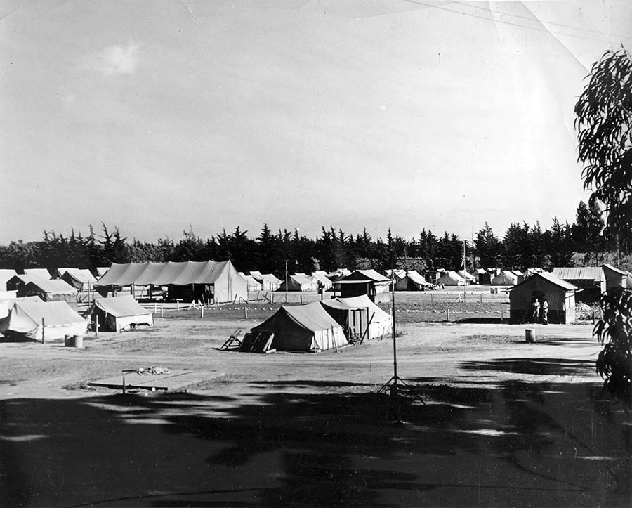 Migrant camp tents, wide shot