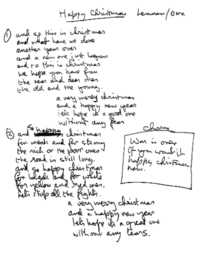 Handwritten lyrics to Happy Christmas