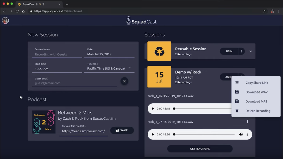 SquadCast dashboard