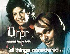 Susan Stamberg and Mike Waters with 1970s NPR and ATC logos