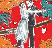 Artwork of hearts, flowers and couple dancing