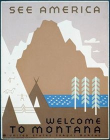 Teepees by river with words: See America; Welcome to Montana